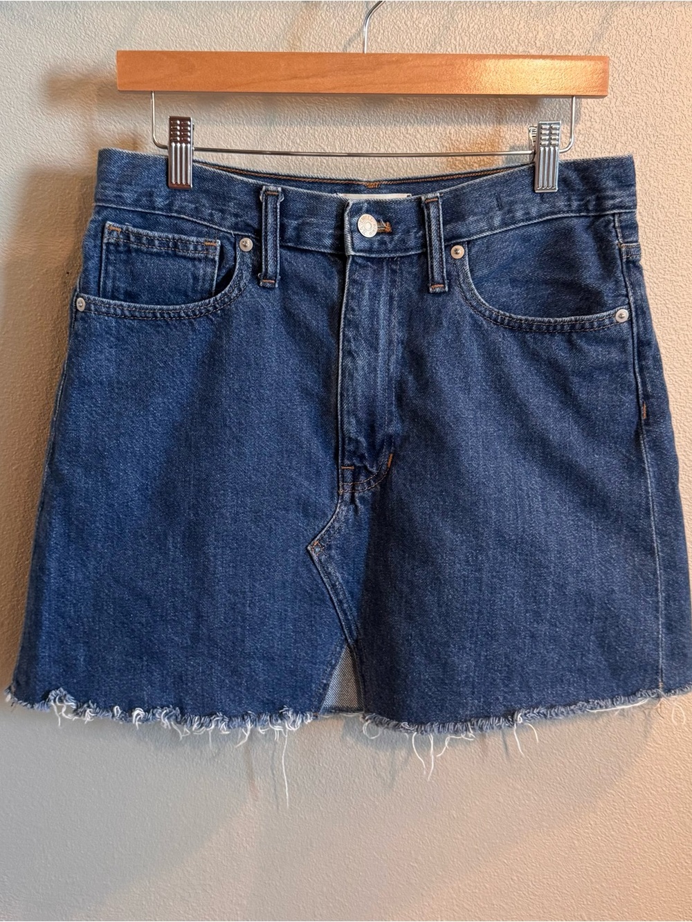 Madewell Dark Blue Denim Mini Skirt with Frayed Hem
